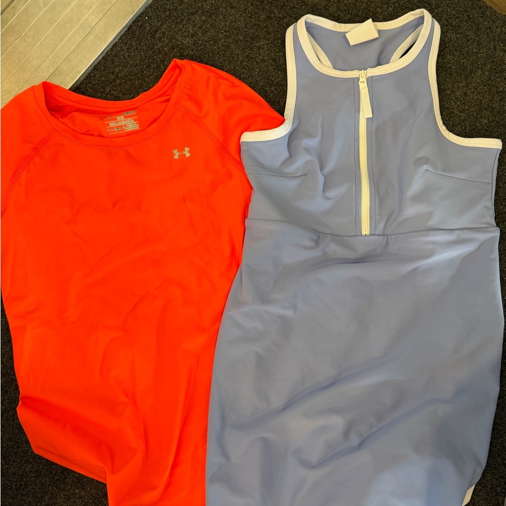 Under Armour Neon Orange Athletic Tee & Light Blue Zip-Front Sport Dress Bundle